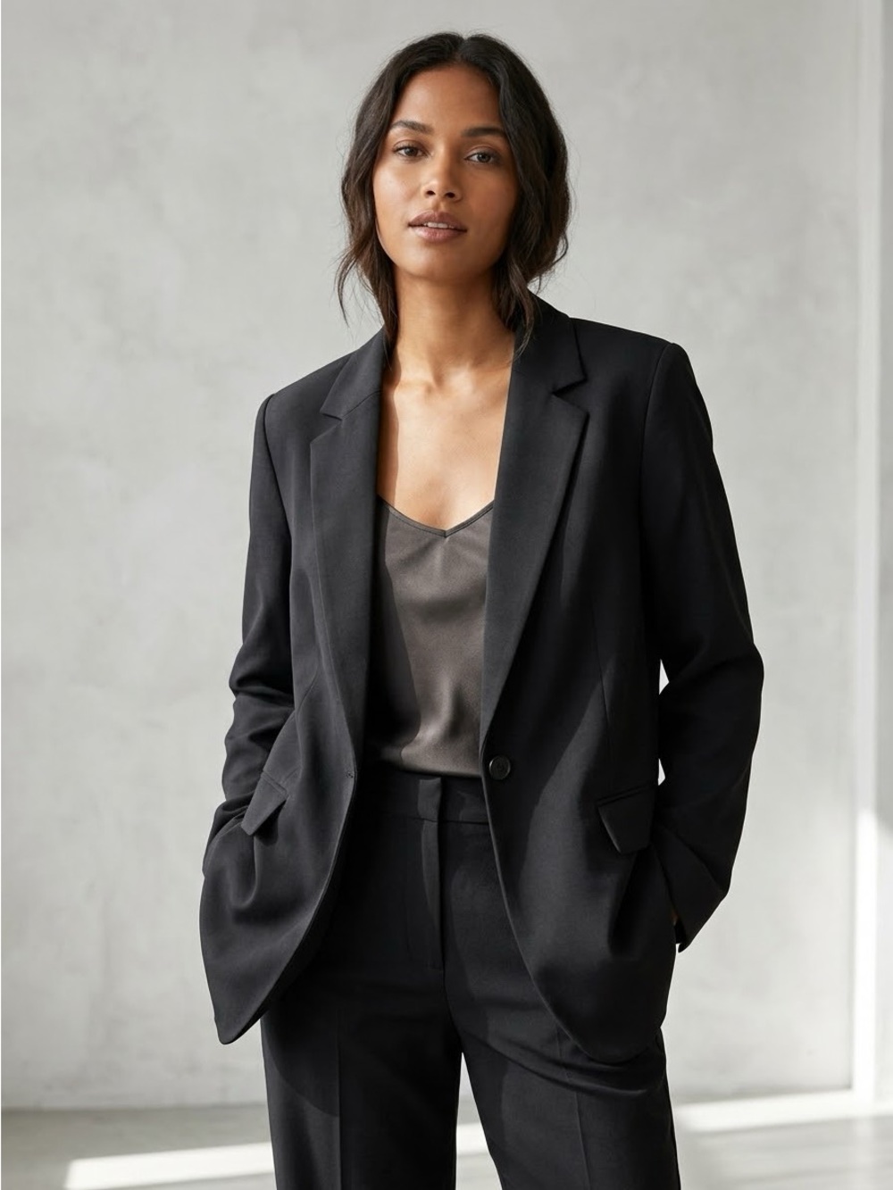 The Drop Womens Medium Black Tailored Single Button Blazer Faux Pockets oversize